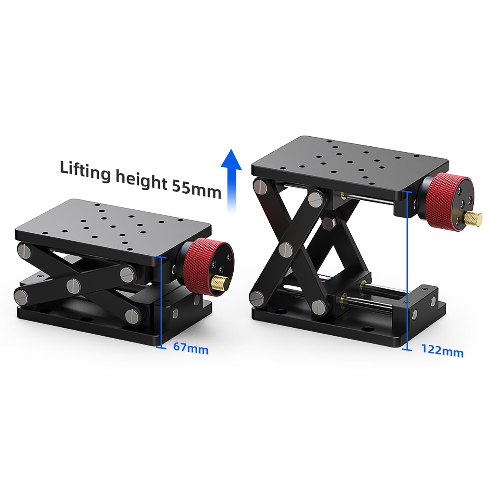 Mesa elevadora con gato de laboratorio, plataforma de aluminio y acero inoxidable, 55 mm de altura, capacidad de 20 kg, baja fricción, alta precisión para pruebas y experimentación
