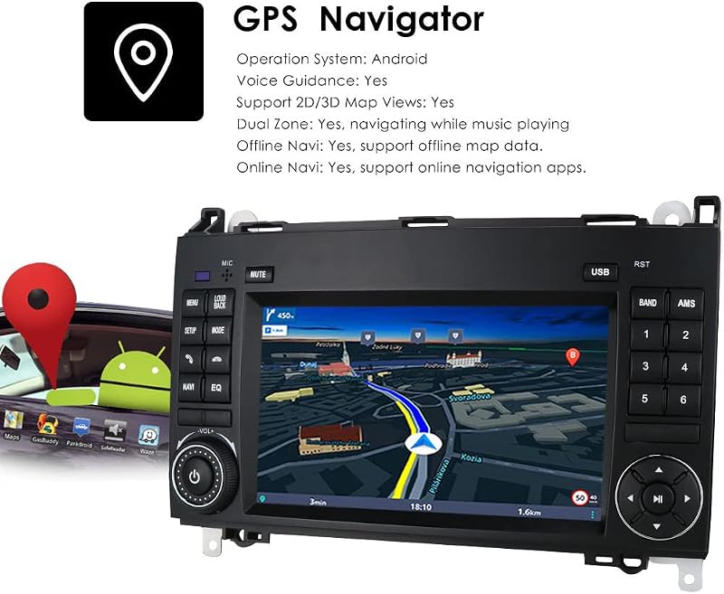 Navinio 7 hüvelykes Android autórádió autó GPS navigáció CarPlay csere Mercedes A B V W169 W245 W639 W447 Viano W906 Sprinter Crafter Blueto