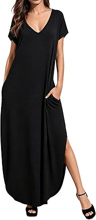 Womens Year-Round Casual Maxi Dress V-Neck Boho Long Dress with Pockets