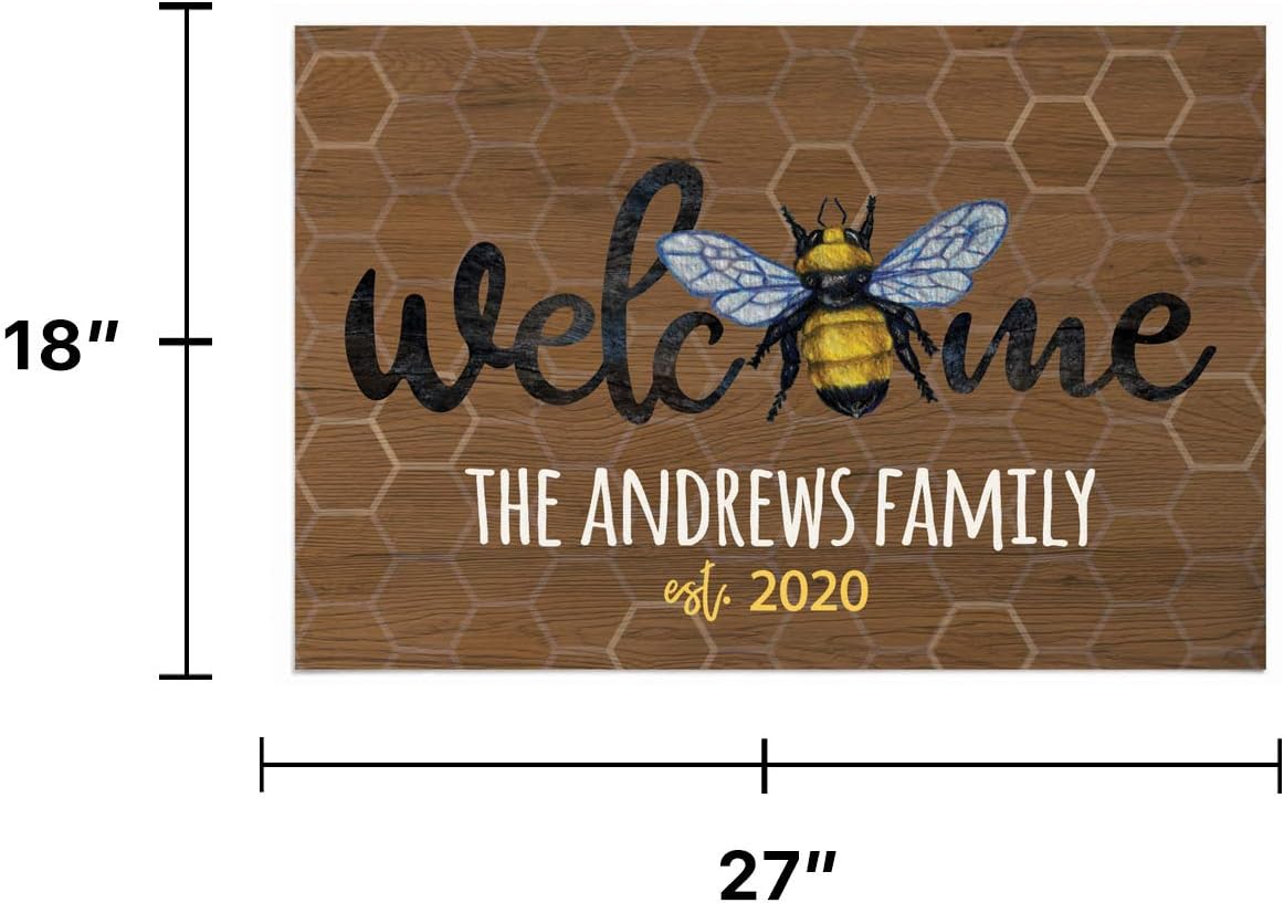 Personalized Planet Bumble Bee Honeycomb Welcome Doormat with Custom Personalization Printed on Brown Rectangular 1/8” Thick Non Slip Mat for Kitchen Hallway Deck or Porch, 27x18