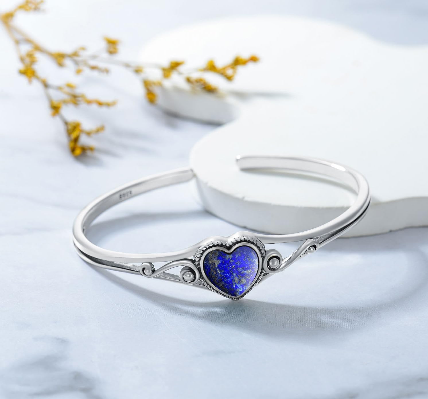 Genuine Turquoise Bracelet, Sterling Silver Native American Boho Adjustable Heart Bangle Cuff Jewelry for Women, Fit for 6.5 7 7.5 Inches - Image 6