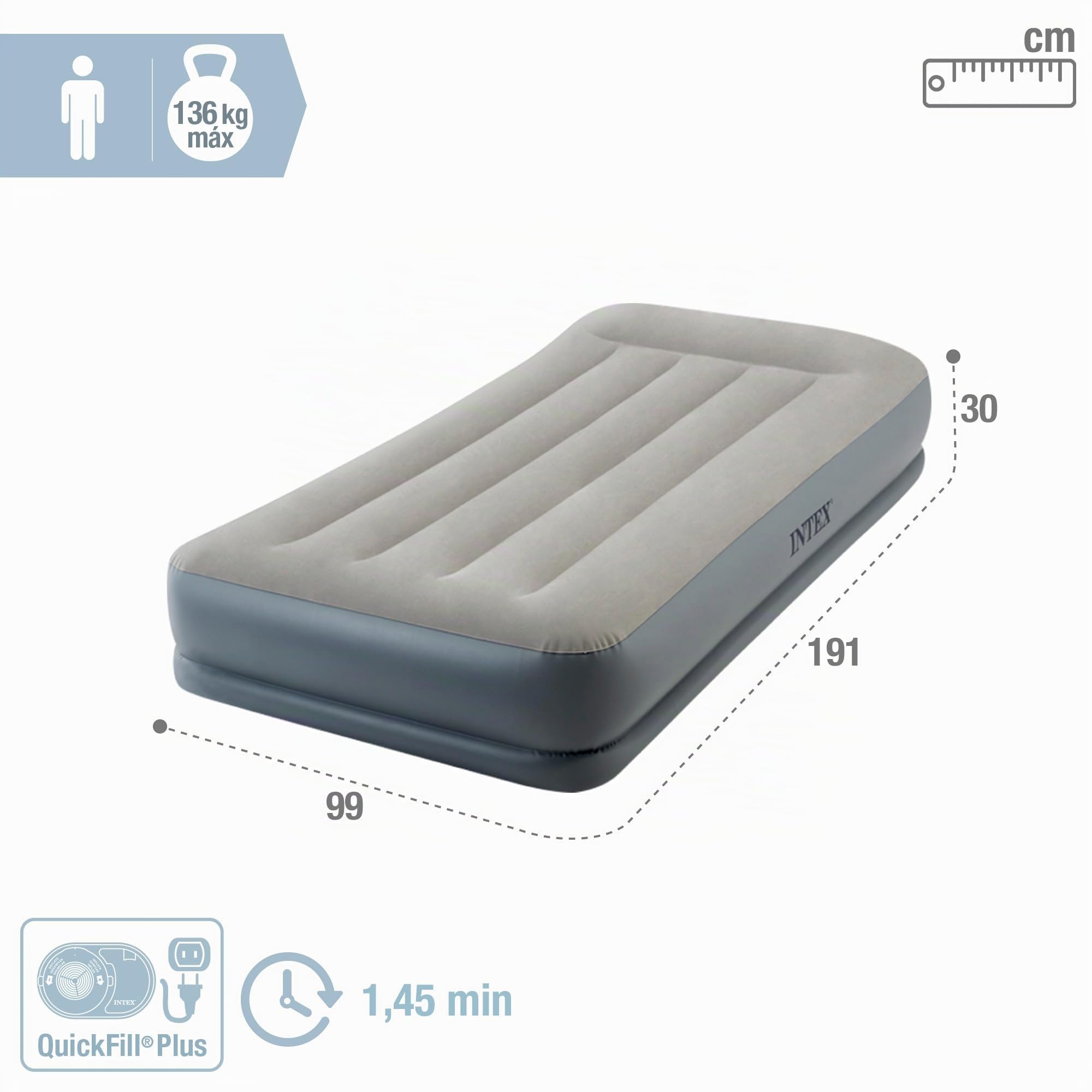 Intex 64116ND LIT Gonflable Pillow Rest Mid-Rise Place Double avec lit Gonflable en Fibre Tech RP 99 x 191 x 30 cm