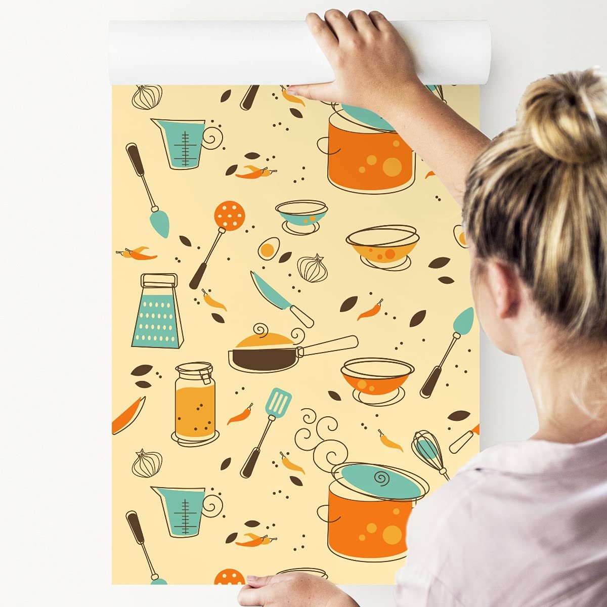 Muralo Tapeta 10 m, rolka włókniny, sztućce, noże, garnki, patelnie, warzywa, tapeta z włókniny, 1000 x 53 cm, tapeta ścienna, do salonu, sypialni, nowoczesna dekoracja ścienna