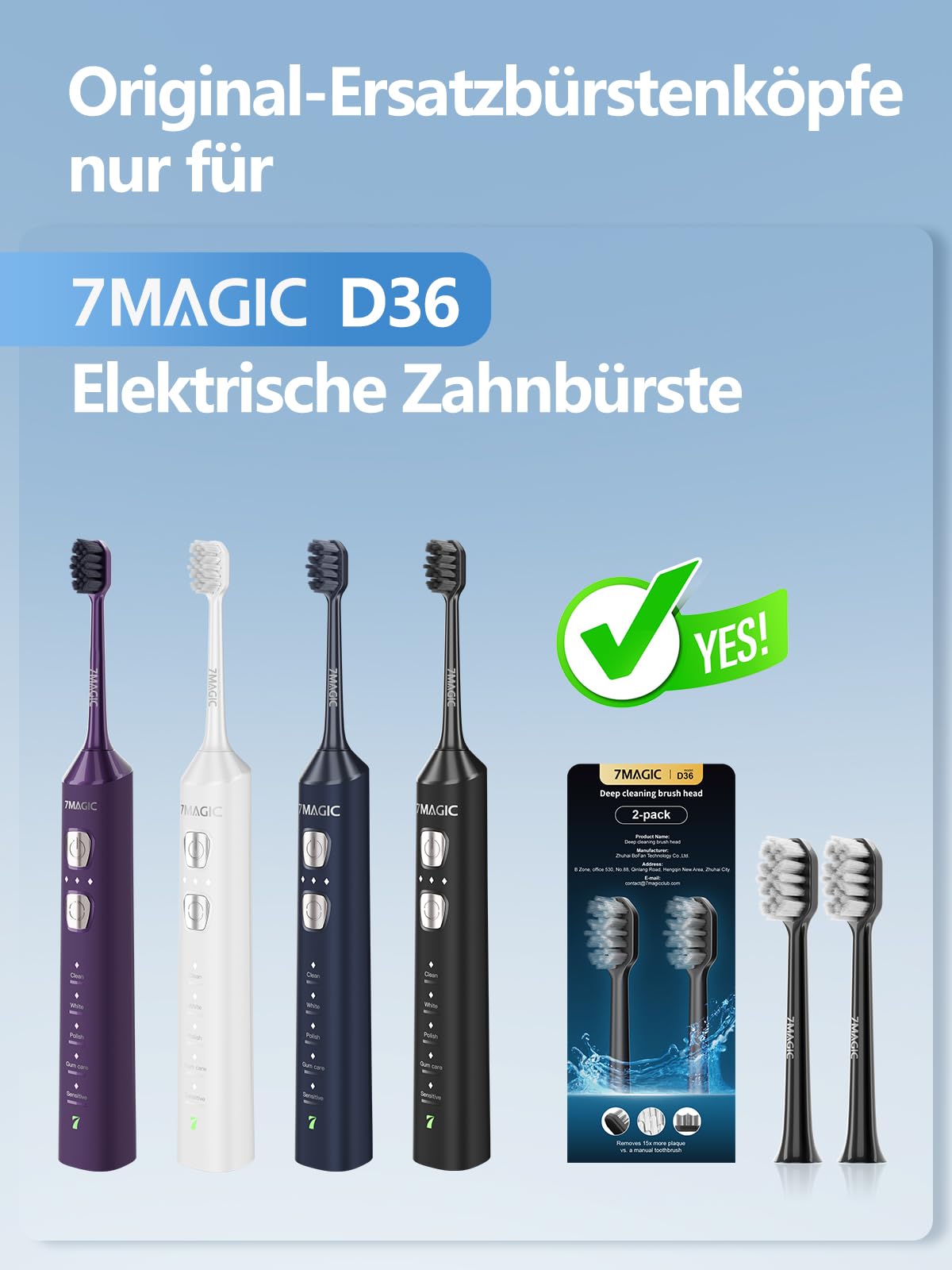 7MAGIC Spazzolino Elettrico Sonico Nero con 5 Modalità, 3 Livelli di Intensità, Autonomia fino a 180 Giorni, 40.000 Vibrazioni/Min, 8 Testine Incluse (6+2 Testine di Ricambio Originali)
