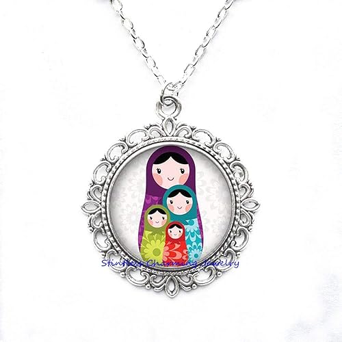 Muñeco de anidación rusa Matryoshka Babushka Muñecas apilables rusas Collar con colgante de azulejos de vidrio, regalo de dama de honor Regalo de