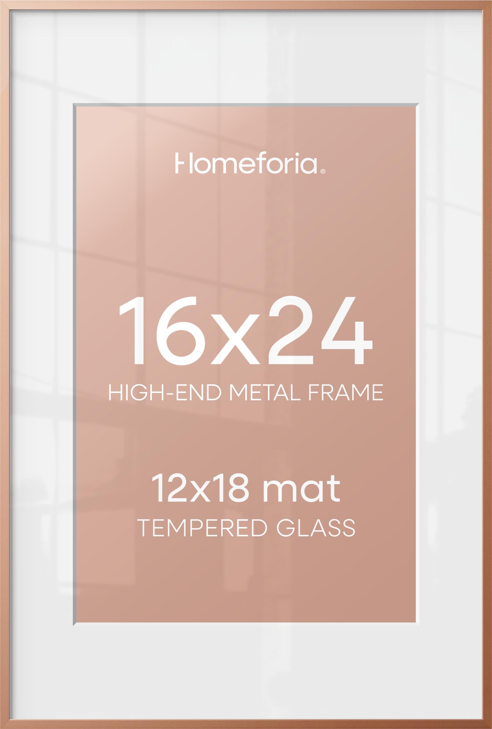 Homeforia 16x24 Picture Frame Rose Gold, High End Metal 16x24 Poster Frames with Mat 12x18 inch Photo, 16 x 24 Rose Gold Frame Matted to 12 by 18 Print, 24x16 Frame, Tempered Glass, Wall Kit, Set of 1