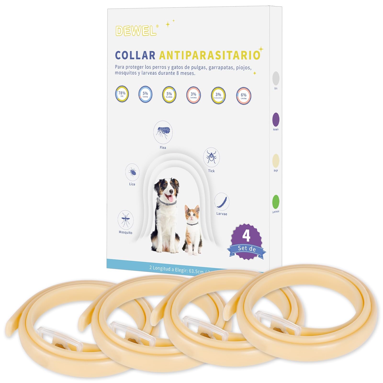 DEWEL Collares Antiparasitarios, Collares contra Pulgas y Garrapatas para Perros y Gatos, Collares Antipulgas Ajustable para Mascotas (Beige, L-63.5 cm)