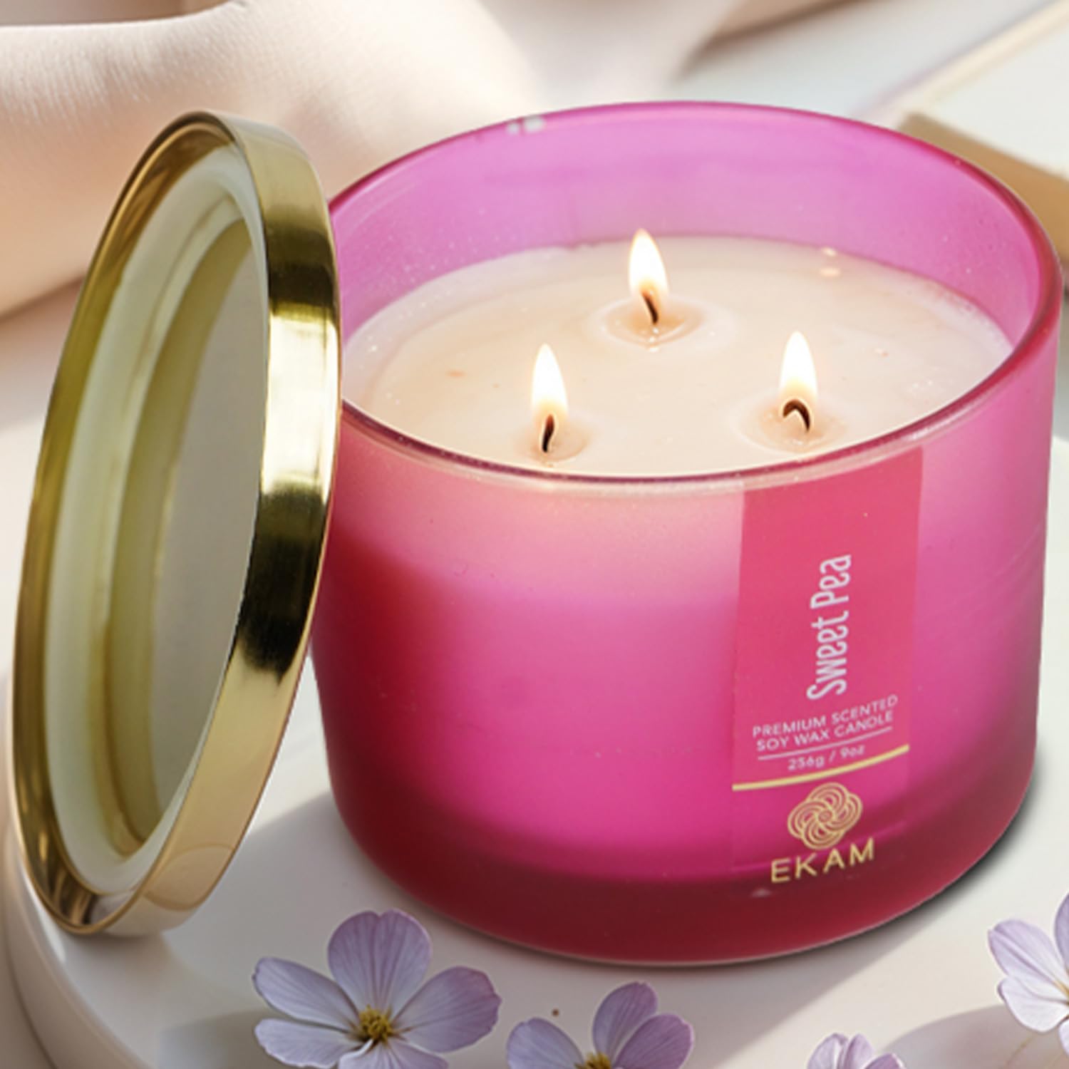 EKAM 3 Wick Soy Wax Scented Candle | Sweet Pea Fragrance | 35 Hr Burn | Long Lasting Premium Jar Candle for Home Decor, Relaxation & Gifting
