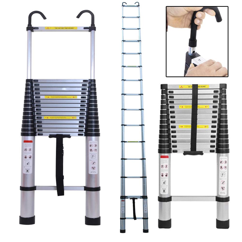 Teleskopleiter 6,2m mit Dachhaken-Kit Aluminium Klappbare Leiter Dachleiter mit Dachhaken 600cm Telescoping Attic Ladder EN 131 Zertifikat (16.3kg), 15 Stufen, Belastung 150kg/330lbs
