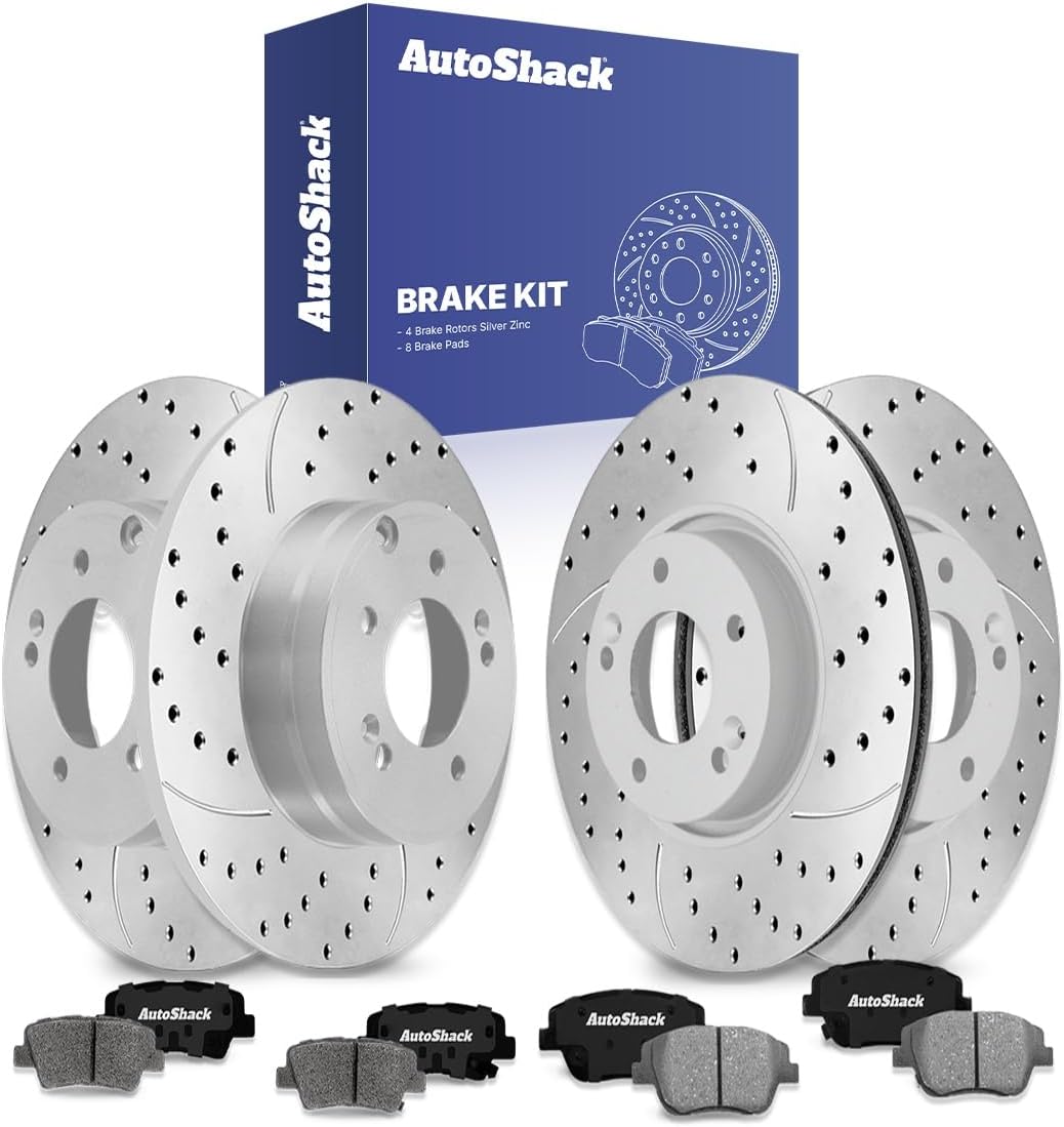 AutoShack Front Vented & Rear Solid Drilled & Slotted Silver Zinc Coated Brake Rotors + Ceramic Pads 12-PC Brake Kit Replacement for 2011-2015 Hyundai Sonata 2011-2016 Kia Optima SilverShield Pro