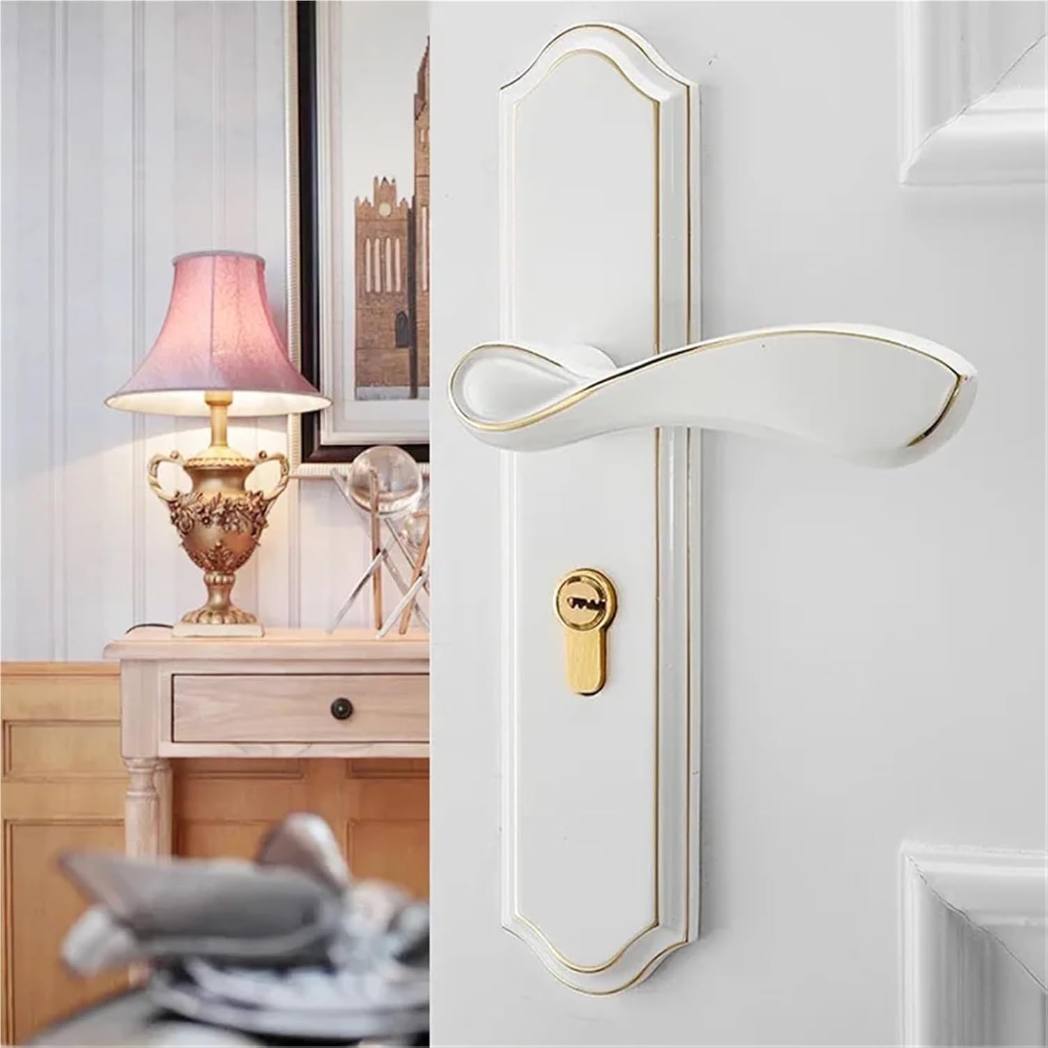 Simple Interior Bedroom Door Lock with Split Handle, Silent Operation for Household Use(Black Yellow Ancient)