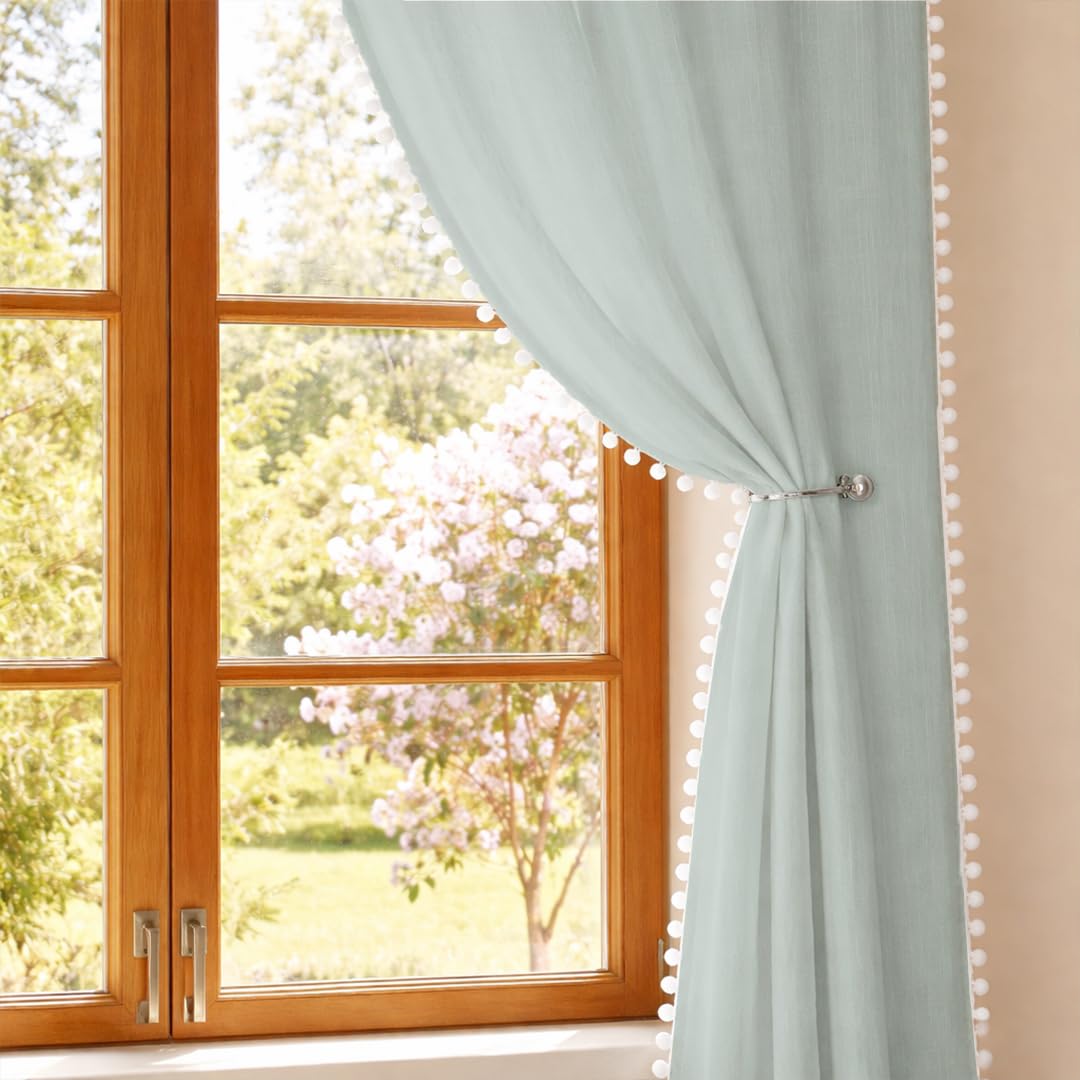 HOMEMONDE Faux Linen Sheer Curtains with Rod Pocket Style Light Filtering 7 Feet Drapes Pack of 2, Beautiful Border Pompoms - Silver Grey