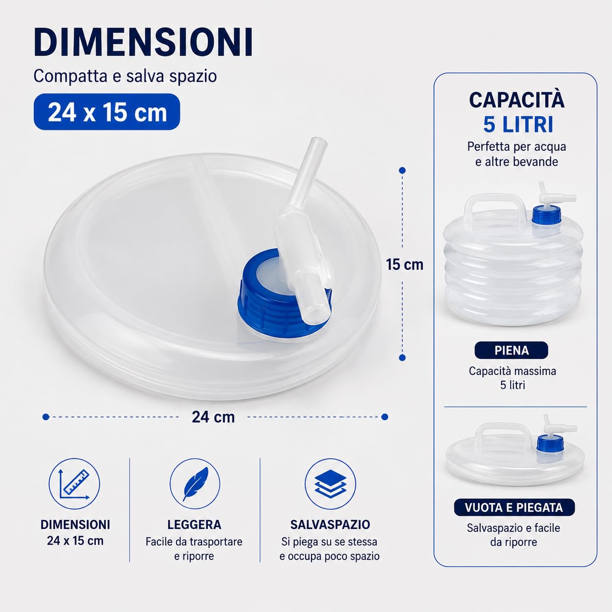 Tanica Pieghevole per Acqua da 5 Litri in LDPE, con Rubinetto, Compatta e Salvaspazio per Campeggio