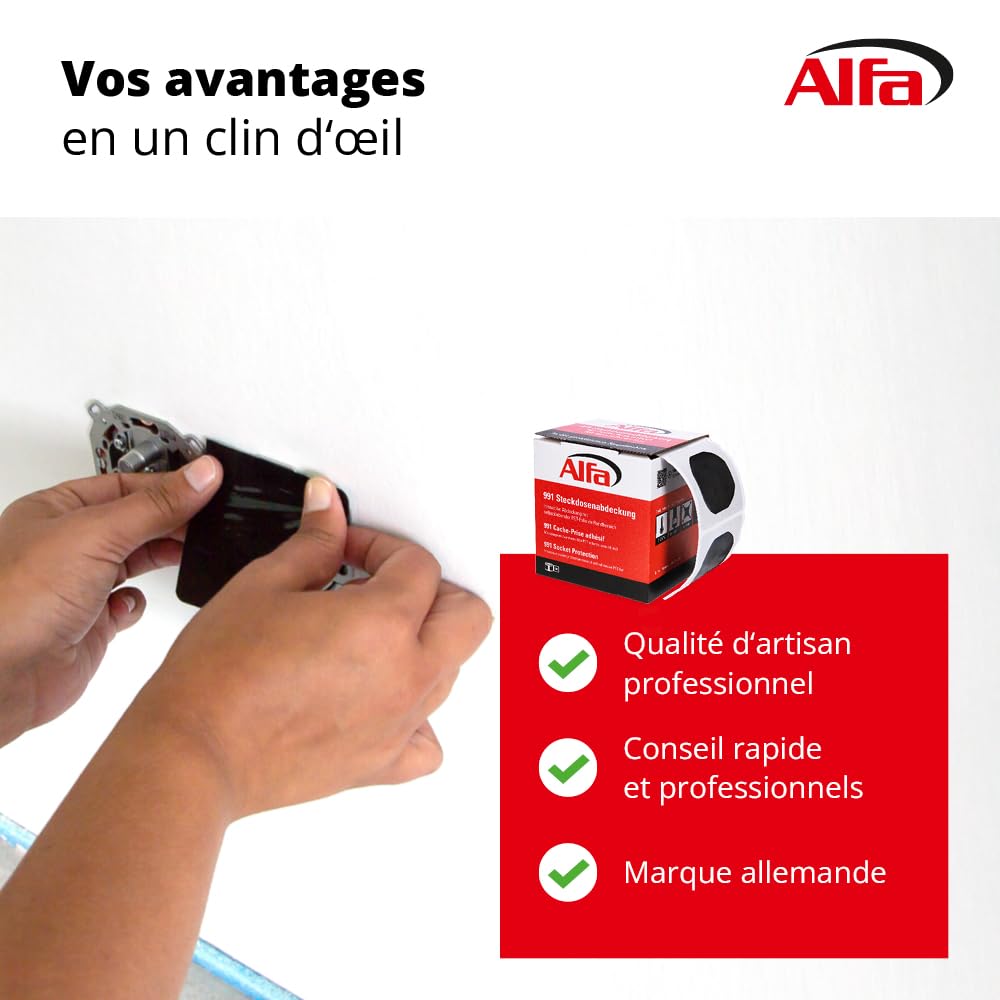 Alfa Cache-prise bords adhésif – Masquage peinture – 100 pièces | Cache-prise adhésif PET pour peinture. Masquage rapide des prises et interrupteurs, retrait sans résidus sur métal.