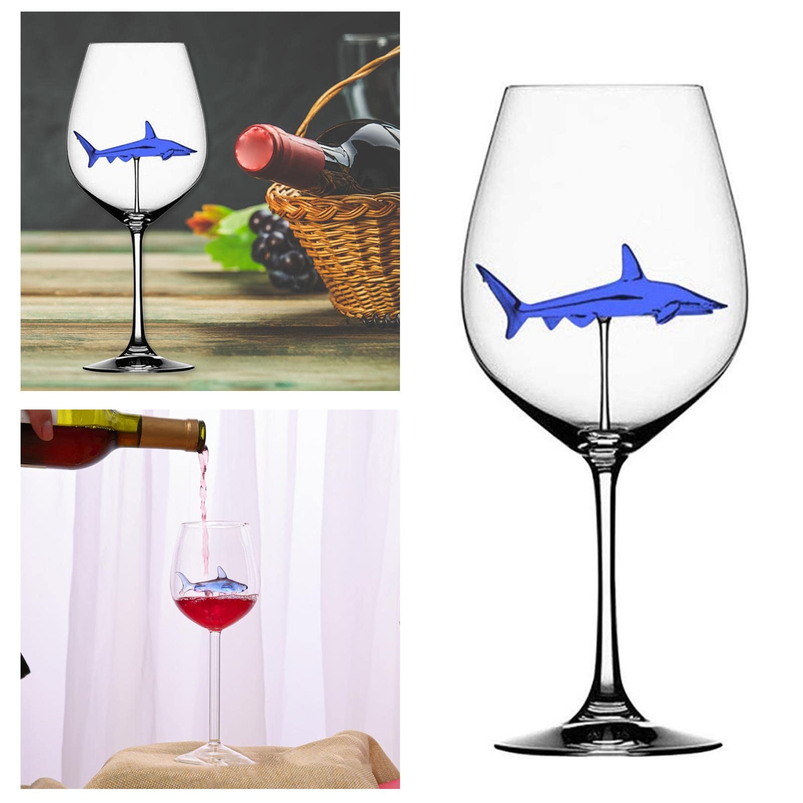 MIJOMA Calice da vino senza stelo con squalo all'interno, design elegante, bicchiere da cocktail di alta qualità, piacere in un ambiente elegante, per gli appassionati di vino eccezionali, 600 ml, 7,5