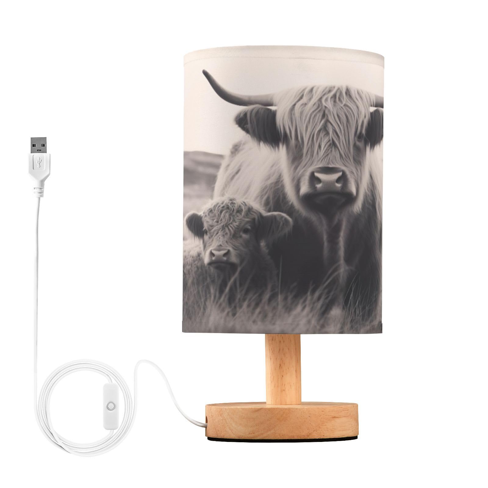 SDMKA Highland Cattle Bedside Table Lamp for Bedroom, Minimalist Nightstand Lamp with Round Fabric Shade for Living Room, Office, No Bulb Required