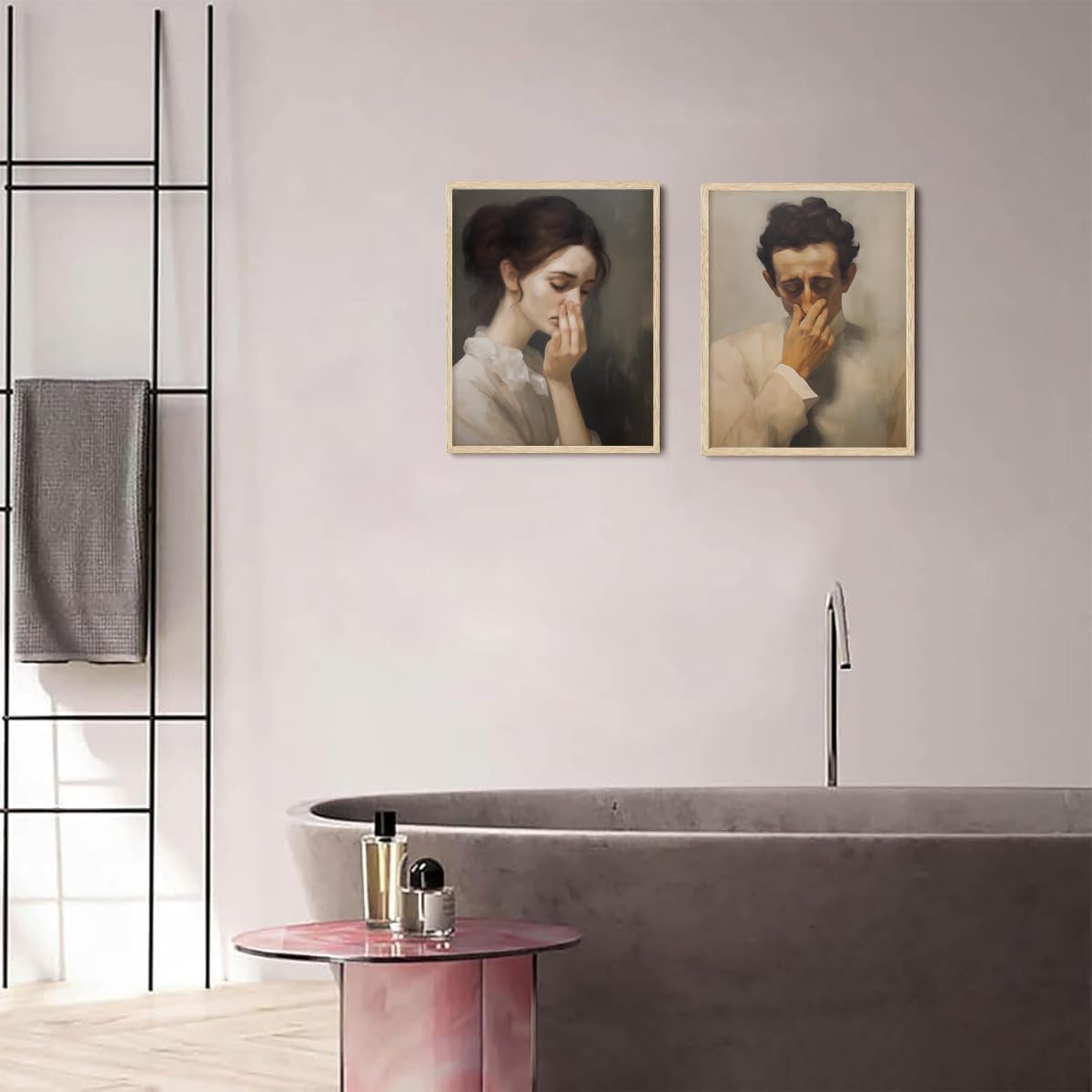 WOKAOGO 2 Piece Framed Bathroom Wall Art Vintage Pictures Wall Decor Mid Century Canvas Art Humor Classical Toilet Bad Smell Poster Prints Amusing Lady Man Painting Gift