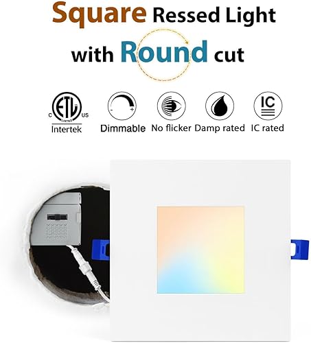 Miniatura 2 de Adetu Iluminación empotrable LED cuadrada de 4 pulgadas, paquete de 6 luces de techo LED cuadradas ultrafinas de 5CCT con caja de conexiones, 10 W,