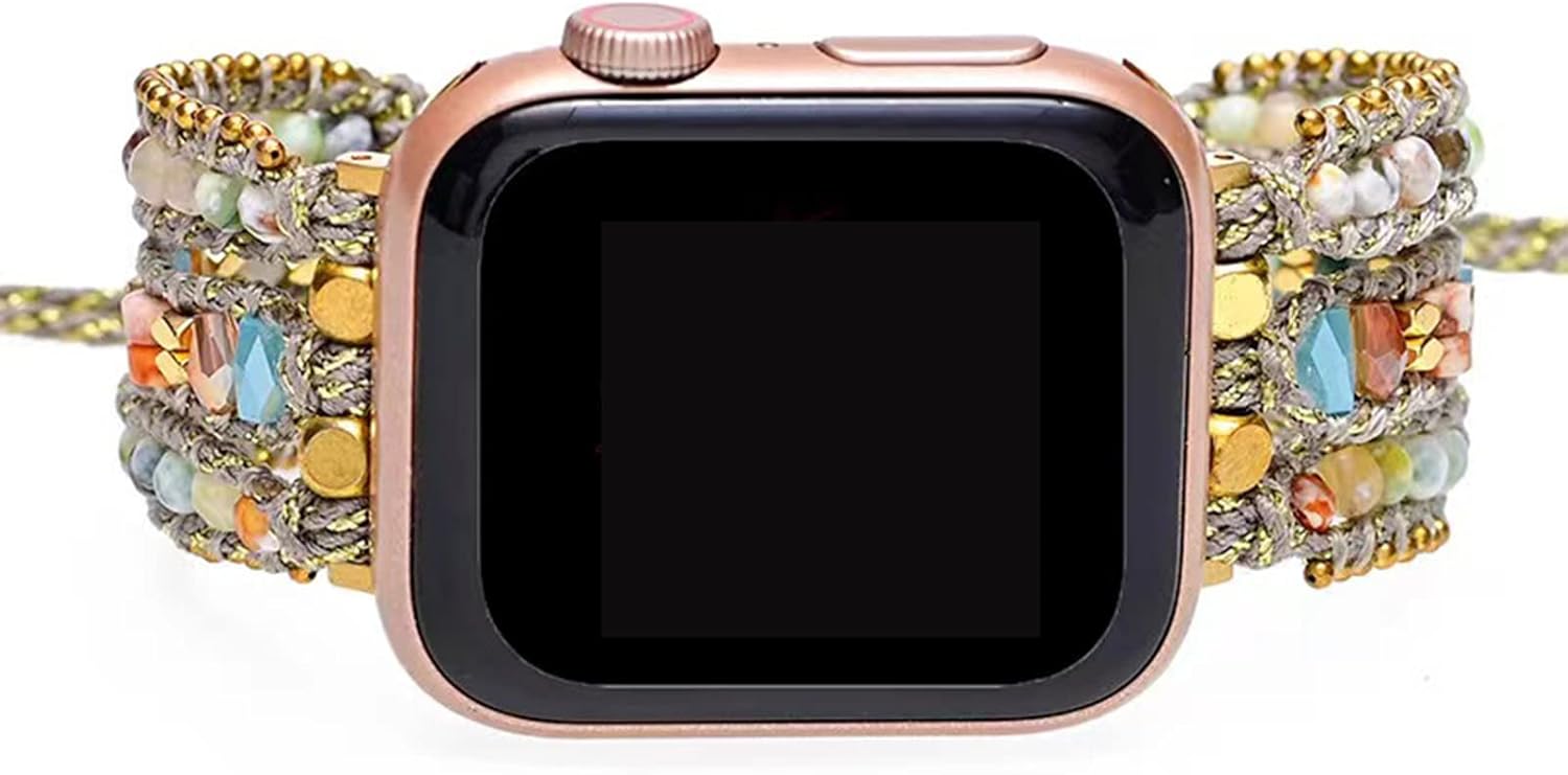 Boho Jasper Handmade Watch Band: Bohemian Natural Energy Stone Smartwatch Bands Compatible with Apple Watch 38mm/40mm/41mm/42mm/44mm/45mm Boho Imperial Jasper Gemstone iWatch Strap for iWatch Series 7/6/5/4/3/2/1/SE
