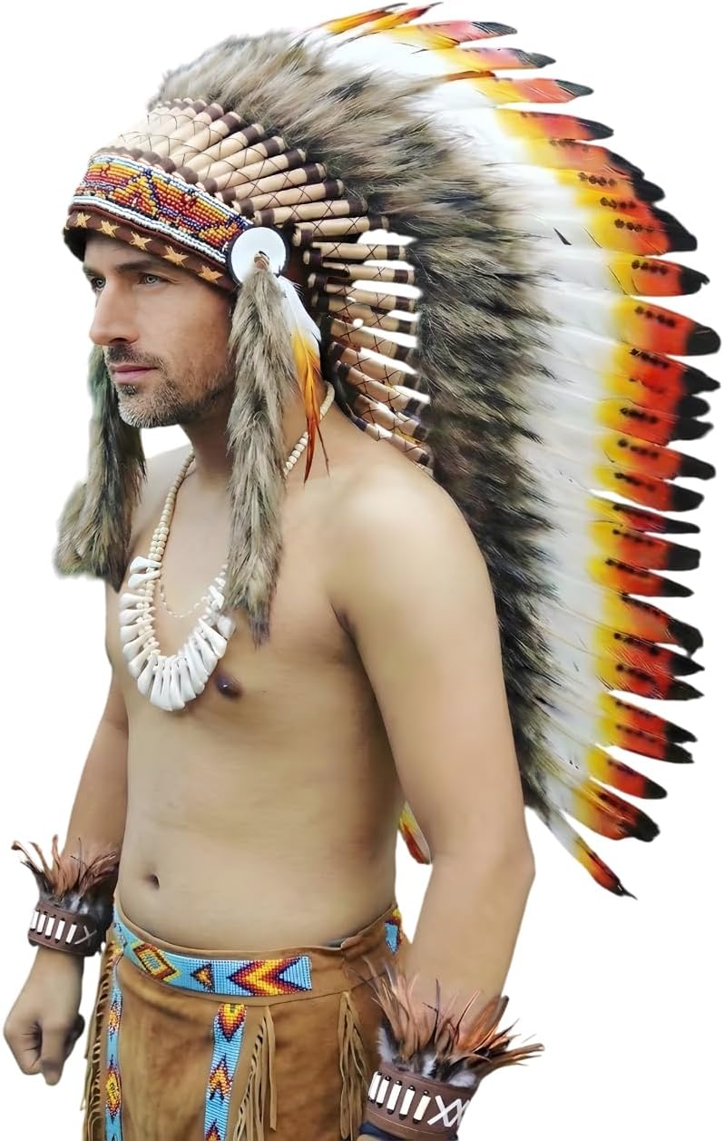 Native American Inspired Headdress - Handcrafted with Genuine Feathers and Beads