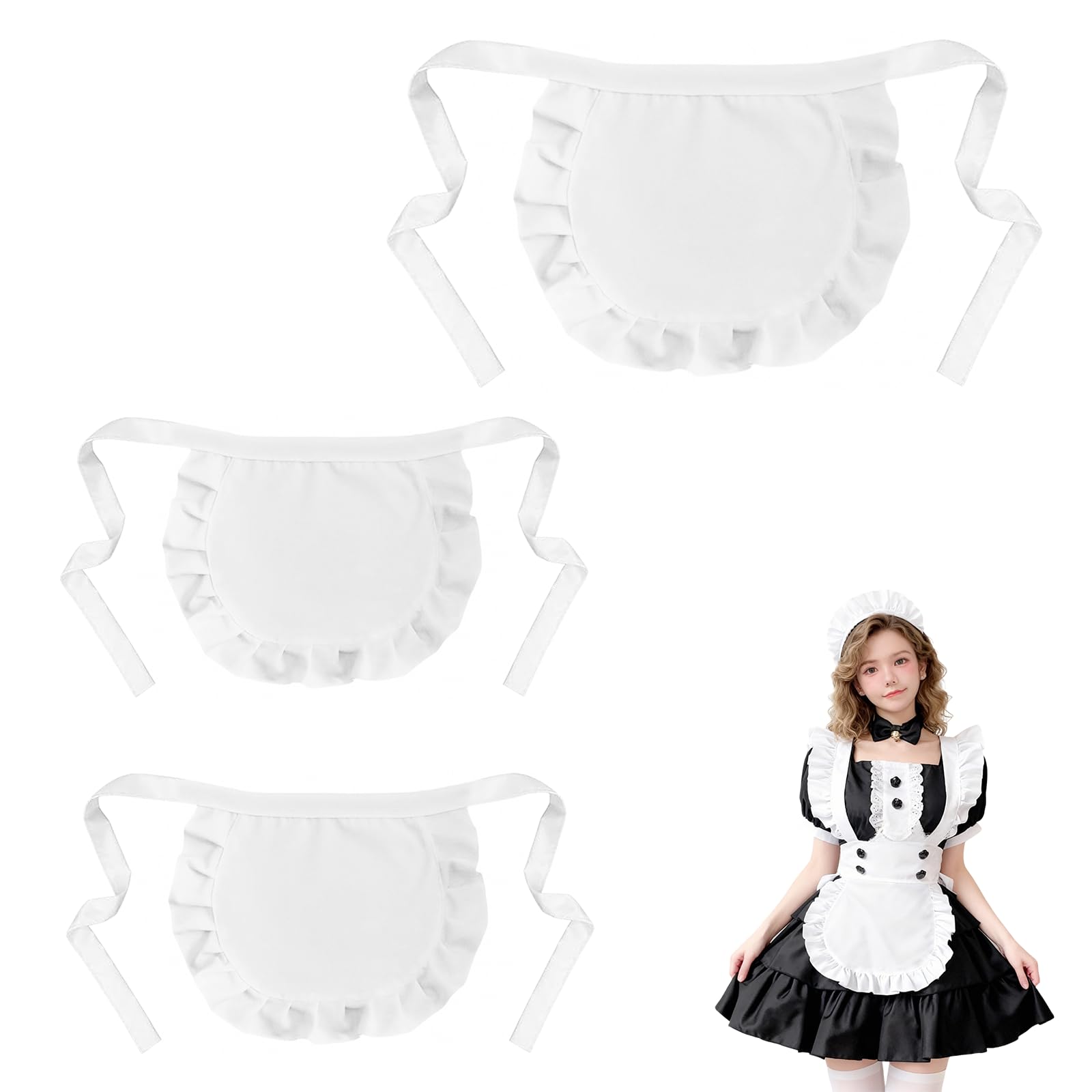 Chersun 3 Pcs White Maid Apron, Adjustable Women’s Half Frilly Waist Aprons for Kitchen Cooking Cleaning, Retro Maid Costume Cosplay Apron for Waitress Party Coffee Shop Fancy Dress(White)