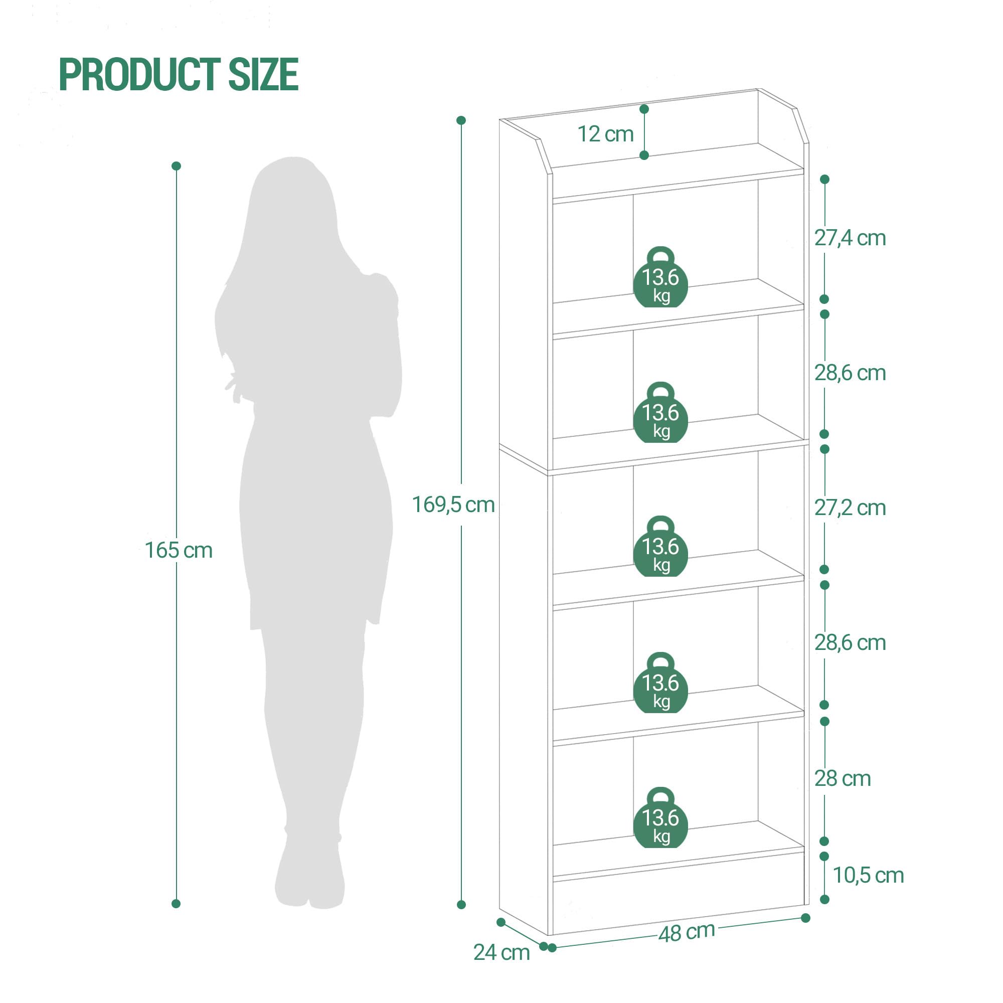 Hzuaneri Boekenkast en Boekenplank met 6 Lagen, Vrijstaande Display Organizer met 8 Verdeelde Secties, voor Thuiskantoor, Woonkamer en Slaapkamer, 24 x 60 x 170 cm, Zwart, BC11104X