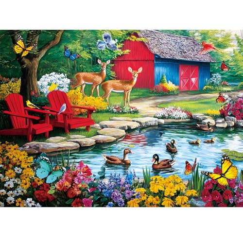Rompecabezas de 500 piezas para adultos, 'Country Pond Oasis', con patos y ciervos junto a una cabaña rural, hecho de cartón reciclado, tamaño final 20,5 x 15 pulgadas miniatura 1