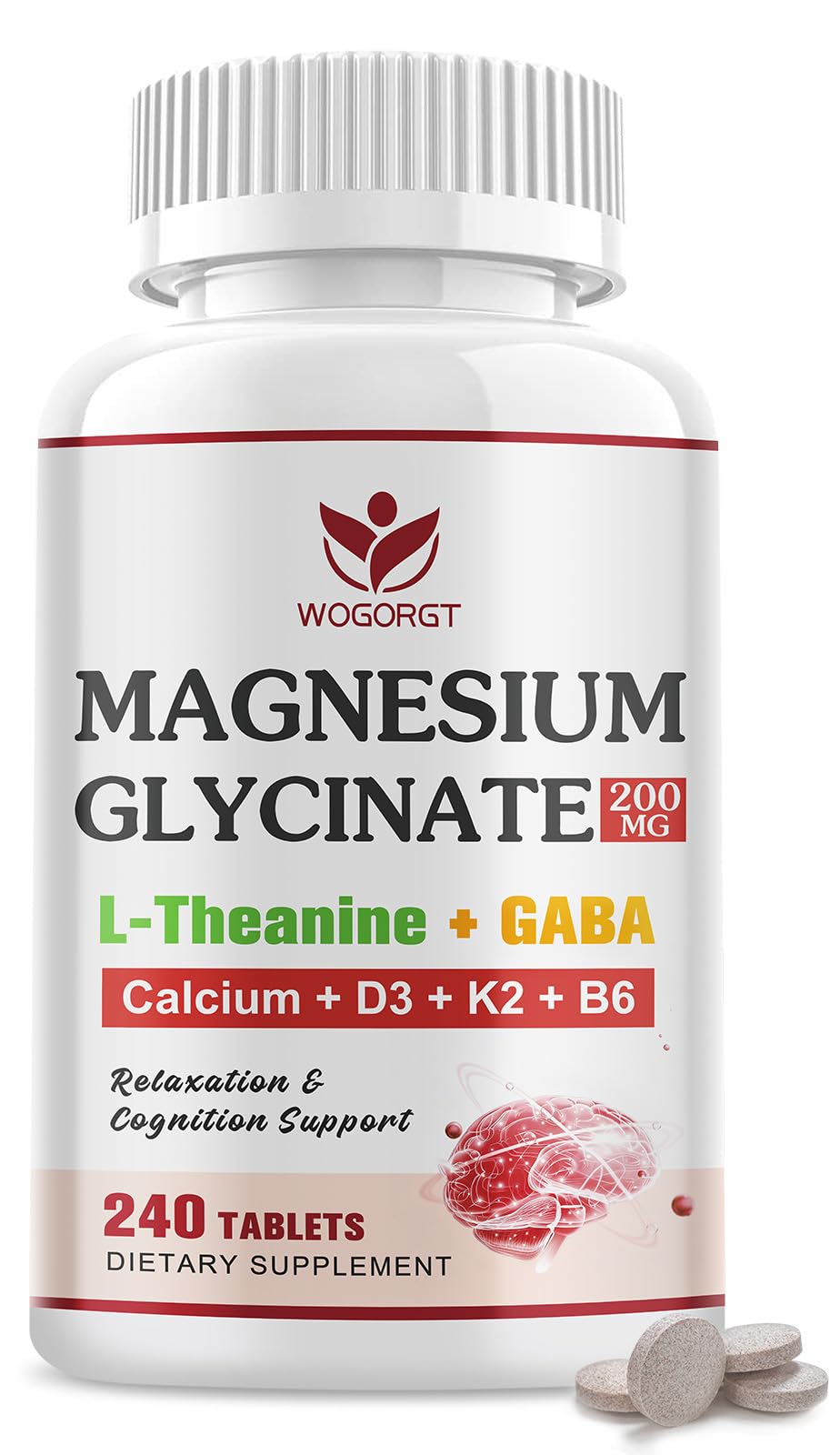 Magnesium Glycinate 200mg with L-Theanine for Women & Men, 240 Tablets