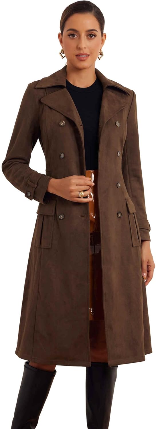 Allegra K Long Faux Suede Jacket Women Fall Winter Trench Coat with Pockets Belt Double Breasted Pea Coat Overcoat