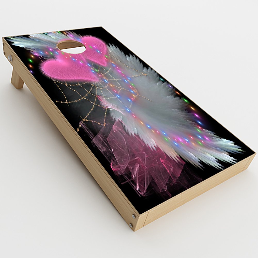 Skin Decal Vinyl Wrap for Cornhole Game Board Bag Toss (2xpcs.) Skins Stickers Cover/Mystic Pink Hearts Feathers