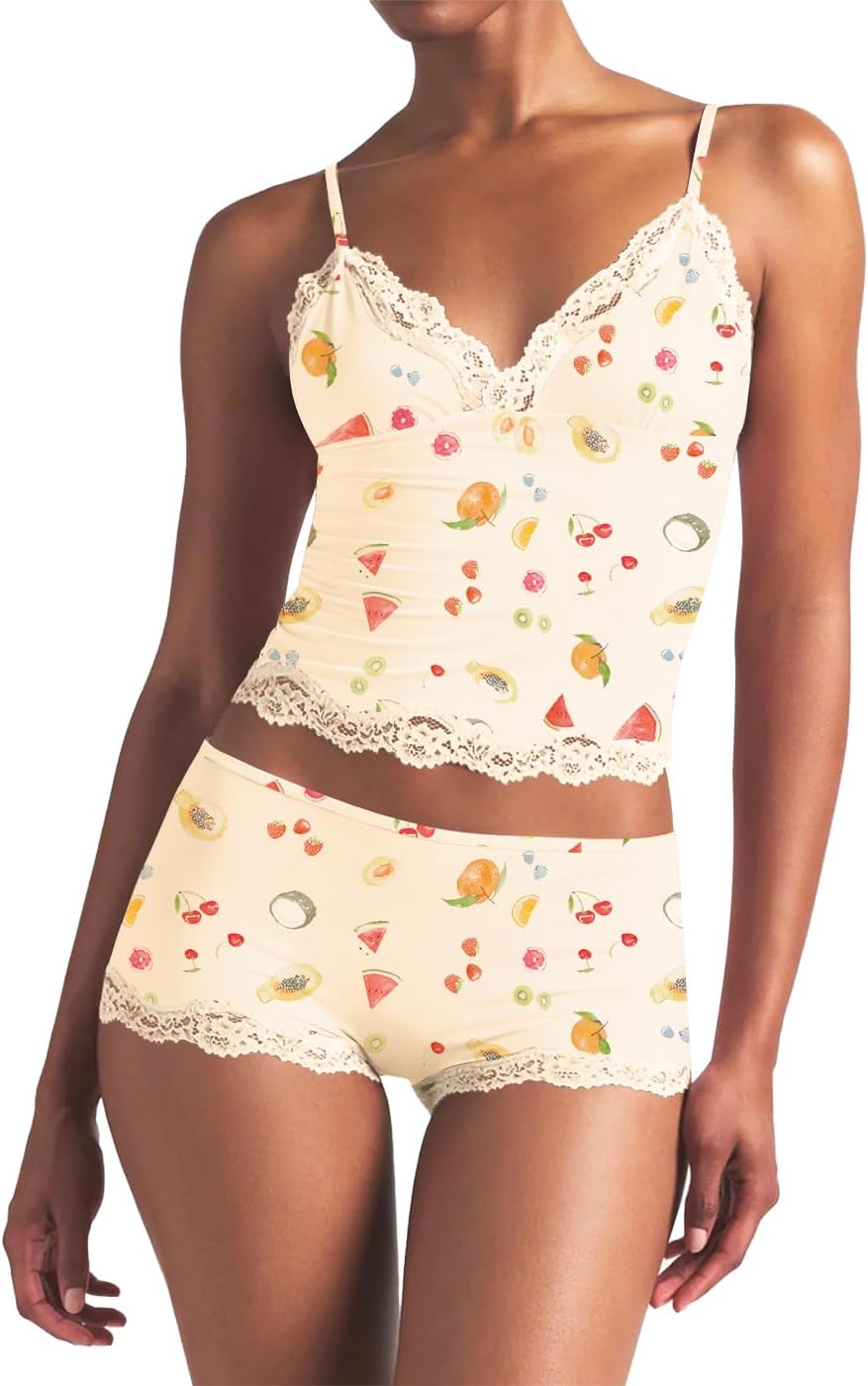 LEEDYA Womens Cami Pajama Set Sexy 2 Piece Sleeveless Pjs Summer V Neck Tank Top Y2K Lace Trim Sleepwear Lounge Set
