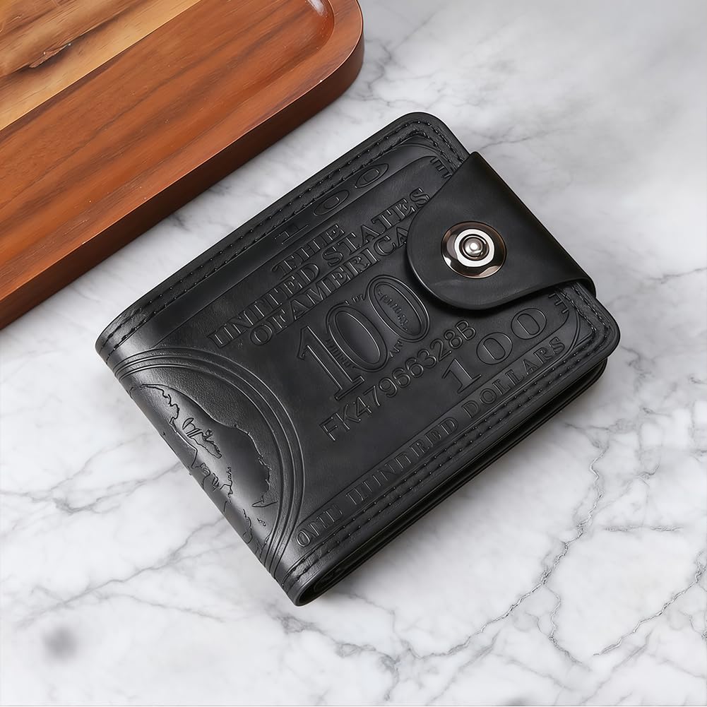 US Dollar Bifold Wallets for Men, Leather Bill Wallet with Credit Card Photo Holder, Gifts for Teenagers Husband Father at Birthday Anniversary (Black Dollar Pattern)