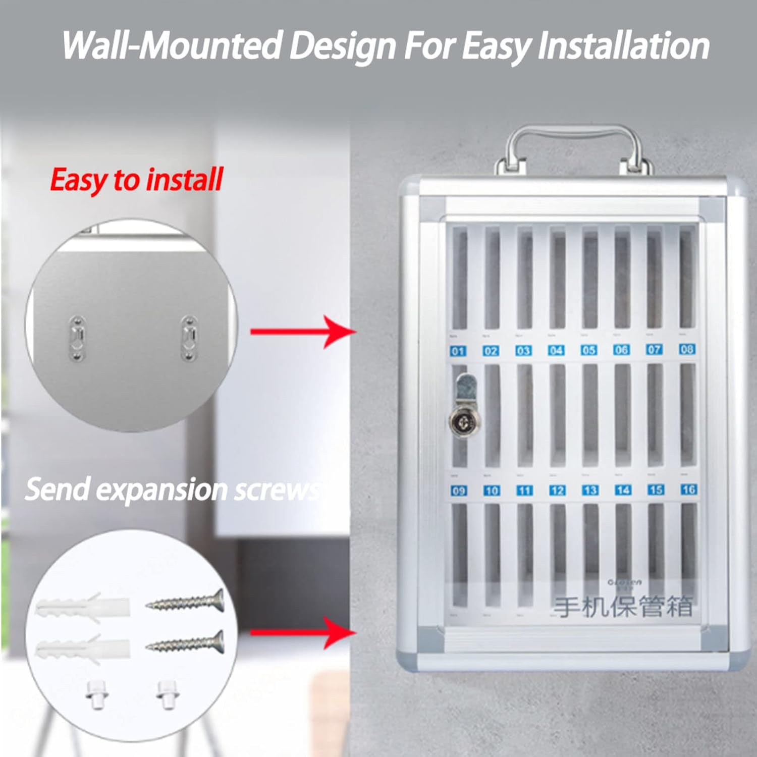 Phone Storage Cabinet Mobile Phone Safe Deposit Box Wall-Mounted Aluminum Alloy Staff Mobile Phone Storage Box Transparent Lockable for Classroom Office Factory,60Slots,60slots
