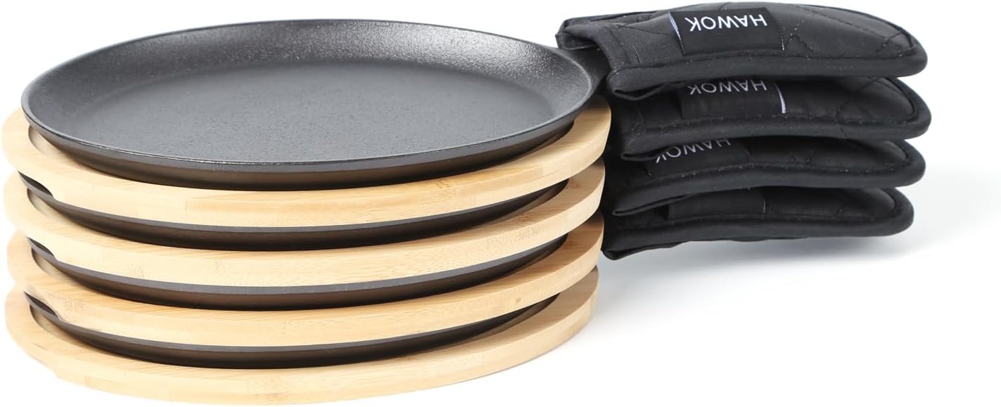 HAWOK Cast Iron Fajita Plate, 16.5''Lx7.09''W, with Bamboo Tray and Handle Holder, Pre-seasoned, Set of 4