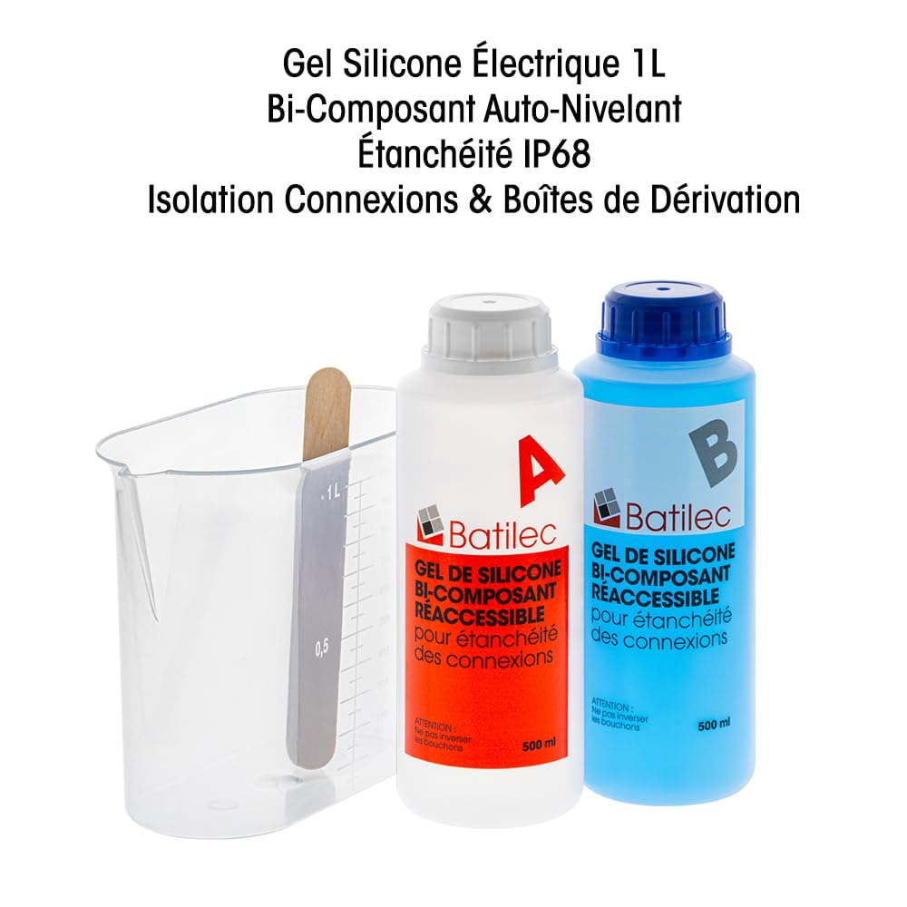 Gel Silicone Électrique 1L – Bi-Composant Auto-Nivelant – Étanchéité IP68 – Isolation Connexions & Boîtes de Dérivation – Résistant -60°C à +200°C – Transparent, Sans Solvant