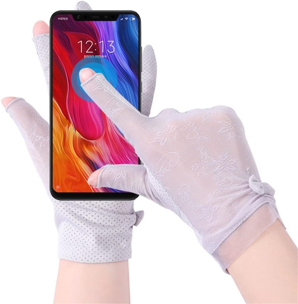 Fingerless Ice Silk Gloves Women's Thin Lace Breathable Driving Riding Touch Screen Half Finger Spring(C)
