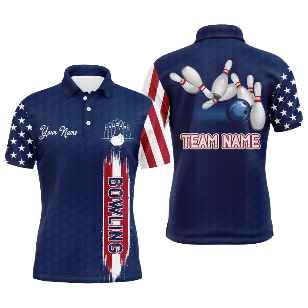 PIONAMZIOZ American Flag Bowling Polo & Quarter-Zip Shirt Men&Women Patriotic Bowling Jersey Team Custom Bowling Shirt BDT43 (02)