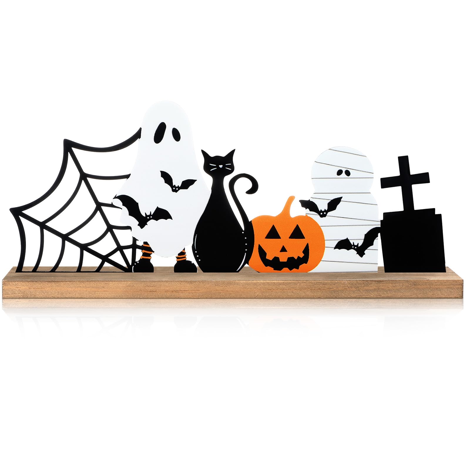 Realspring Halloween Ghost Metal Sign Rustic Black Cat Table Decor Halloween Tiered Tray Decor with Wooden Base Freestanding Pumpkin Sign for Home Tabletop Centerpiece Mantel Shelf Fireplace