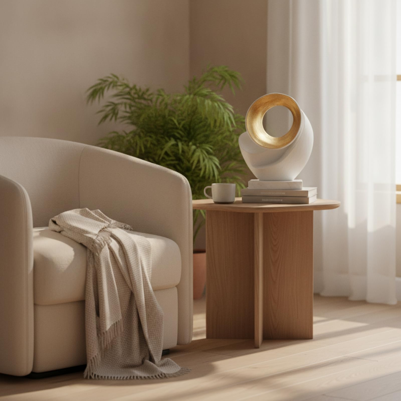 Escultura Geométrica Moderna Estatua de Mesa Ornamental Resina Metal Acabado Texturado con Aro Dorado sobre Base, Moderno Minimalista con Base De Mármol Blanco