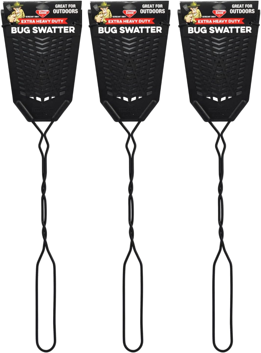 Enoz Sergeant Swat Bug Swatter - 3 Pack - Heavy Ultra Duty Manufactured Flyswatter - Environmentally Conscious, Effective, and Inexpensive Method to Control Flying Insects
