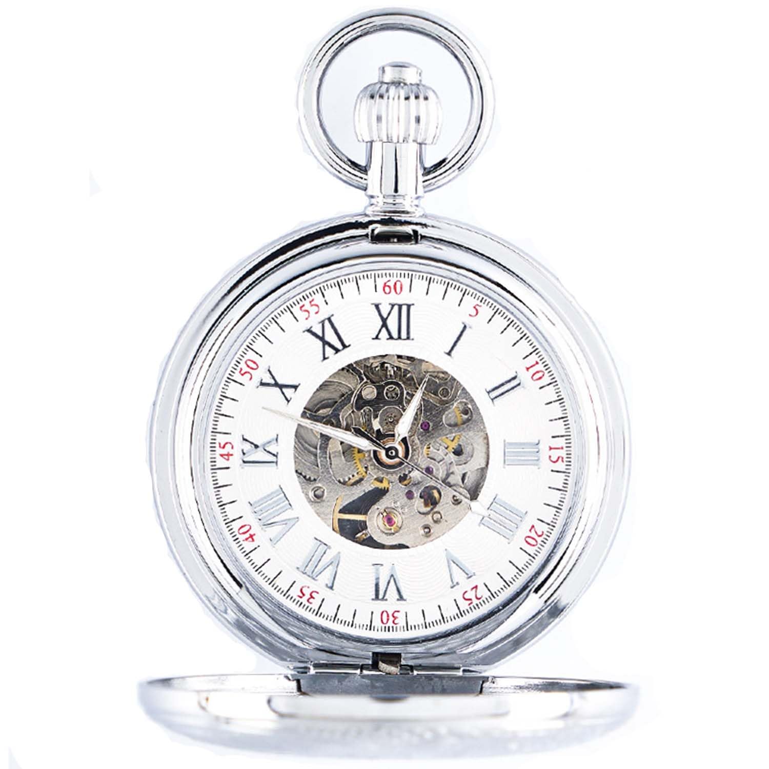 DerMacht Silver Mechanical Pocket Watch with Chain Retro Smooth Classic Handwind Roman Numerals for Men & Women