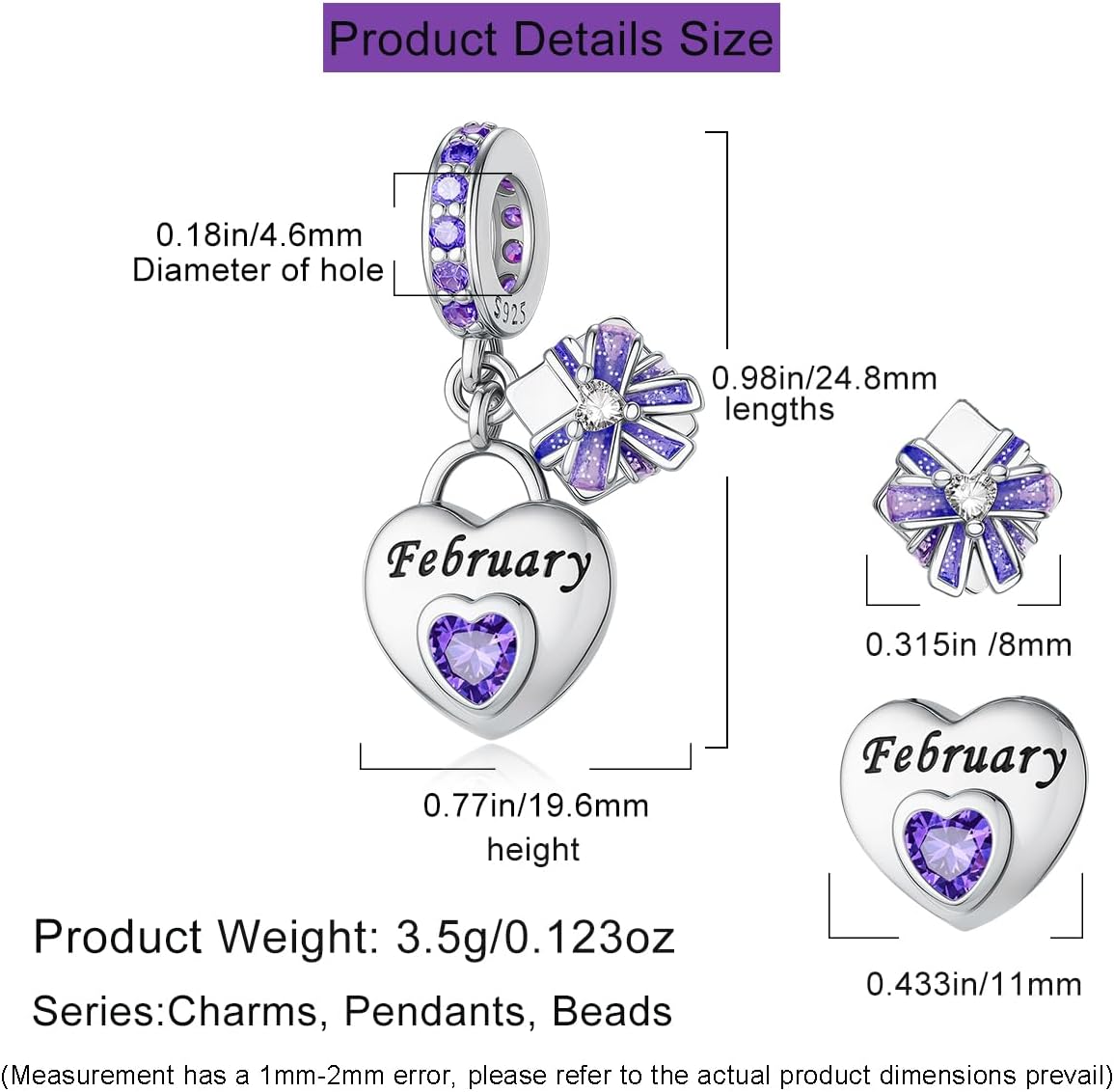 HappyStar 925 Sterling Silver Happy Birthday Bead Charm Love Heart Shape Birthstone Charms for Bracelets Dangle Pendant with 5A Cubic Zirconia Compatible Pandora Bracelets Jewelry Gift for Women - Image 4