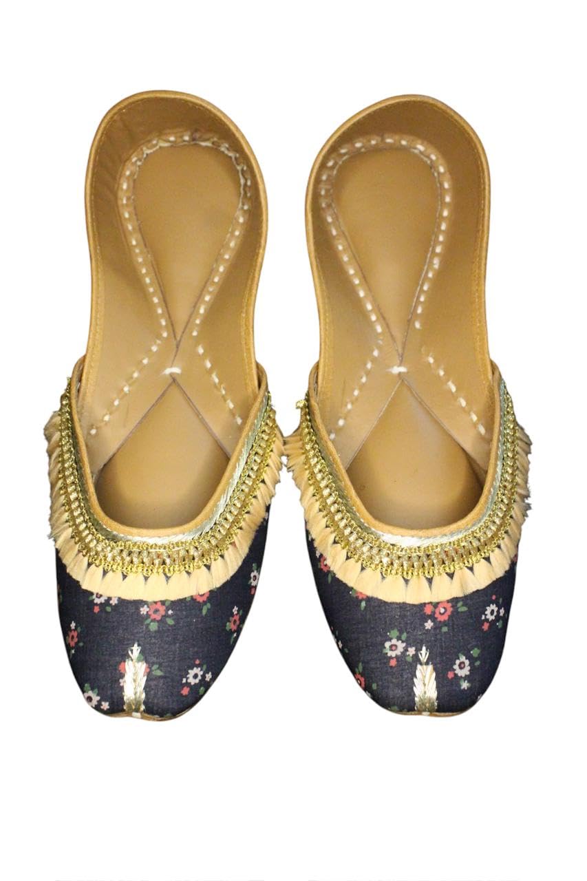 Handcrafted Ethnic Jutti Flats with Floral Print, Gold Embellishments, Bite and Pinch Free Jutti, Punjabi Formal Juttis (Blue, UK Footwear Size System, Adult, Women, Numeric, Medium, 5)-image-2