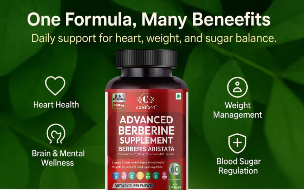 Comfort ADVANCED Berberine Supplement with Berberis 98% with Milk Thistle Aristata, 8-in-1 Formula, HCL 98% Herbal Formula for Imunity, Blood Sugar Control, Weight Management and PCOS suppor 60 Veg Capsules,1300mg Per Serving Non-GMO & Gluten Free (60) - Image 3 thumbnail