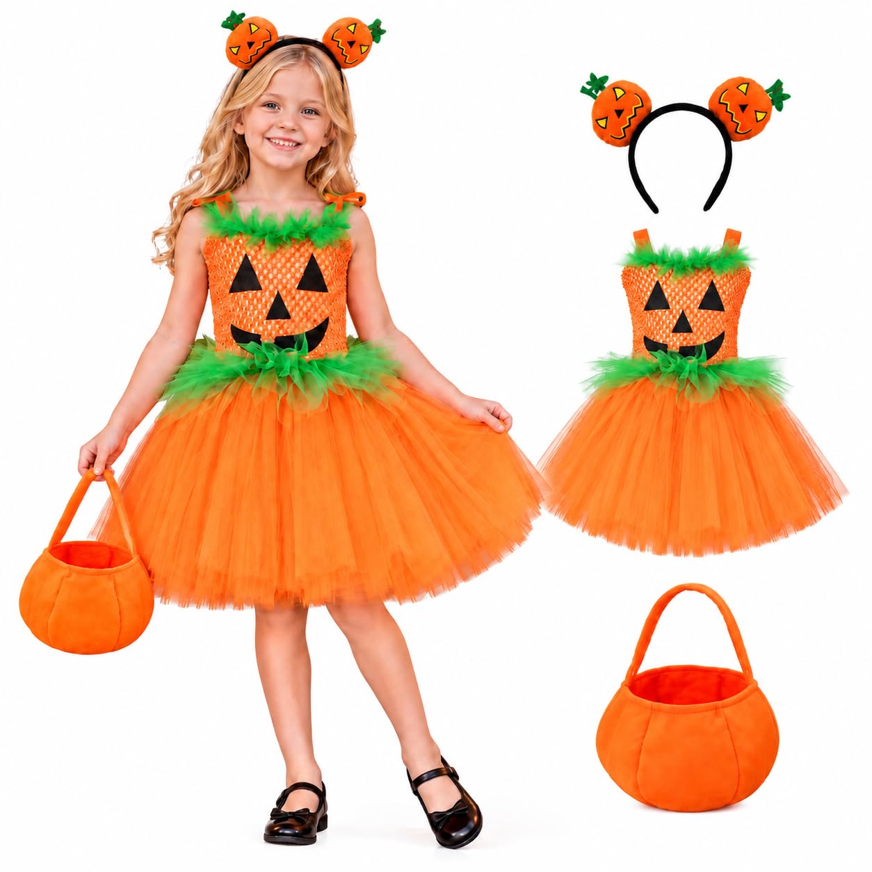 Kids Girls Halloween Pumpkin Costume Cute Sleeveless Tulle Dress and Headband Candy Bag Pumpkin Cosplay Party Outfit โ image 1