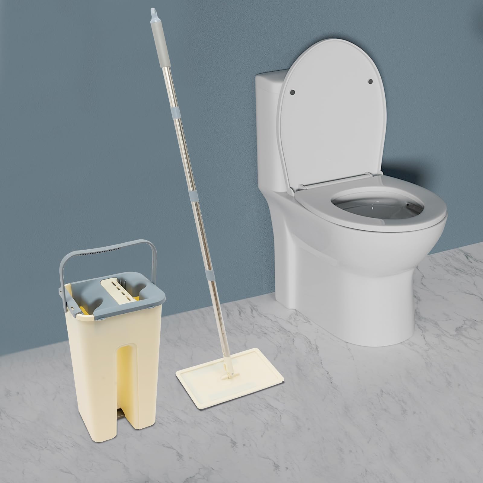 Juego de fregona con cubo, cubo de limpieza, mopa plana, 128 cm, con función de escurridor, con 10 almohadillas de limpieza, mango de acero inoxidable, cubo de limpieza de dos cámaras, para todos los