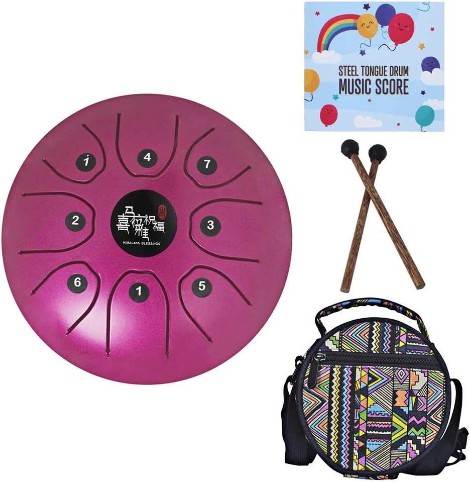 Mowind Steel Tongue Drum Tank Drum C Key 8 Notes 5.5 Inch Percussion Instrument with Drum Mallets Carry Bag Purple