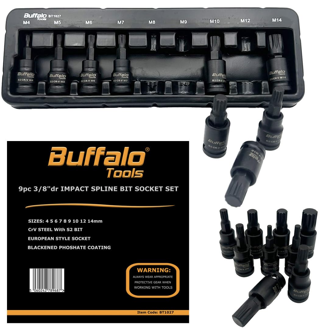 9pc Spline Impact Socket Bit Set 3/8 inch Drive M4-M14, 4mm - 14mm Splines