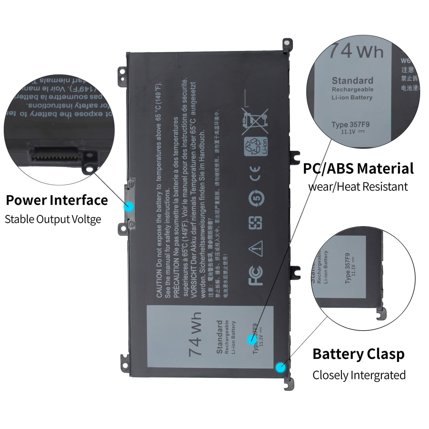 Perhanmm 74Wh Type 357F9 71JF4 Li-ion Battery for Dell Inspiron 15 7000 Gaming 15 7559 7557 7567 7566 7759 5576 5577 INS15PD 0GFJ6 P57F P65F001 071JF4 0357F9 6-Cell 11.1V 11.4V