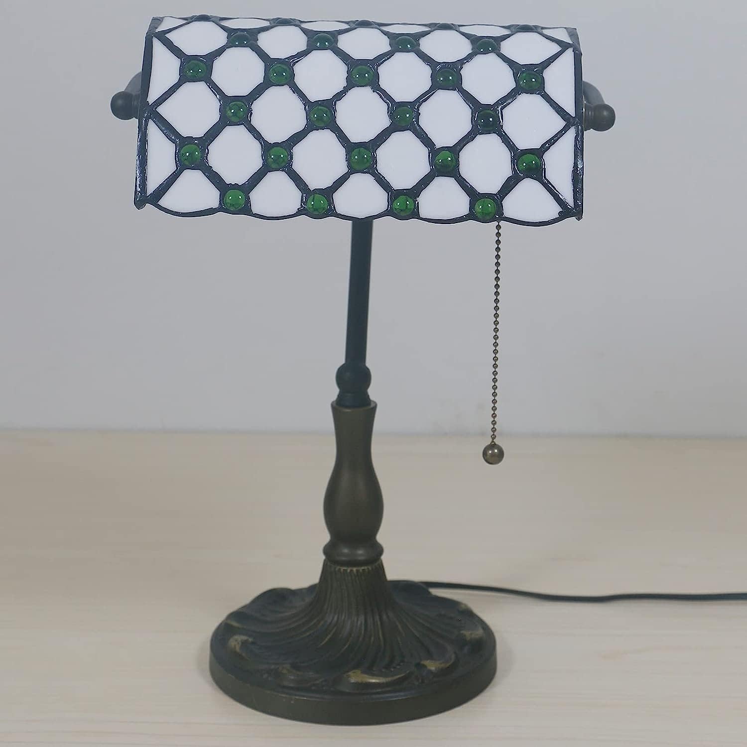 Bankiers Tischlampe, farbige Glaslampe, Kristallperlenschreibtischlampe, Schlafzimmer in der Nacht Leselampe (weiße grüne Glasperlen Schatten) Innovate